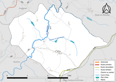 Carte en couleur présentant le réseau hydrographique de la commune