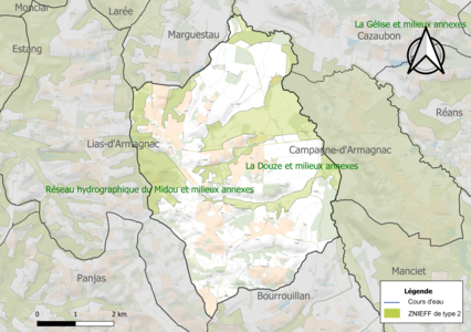 Carte de la ZNIEFF de type 2 sur la commune.