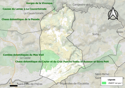 Carte des ZNIEFF de type 1 sur la commune.