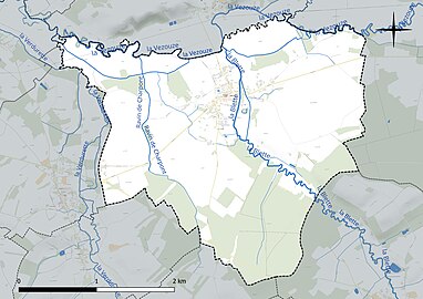 Carte en couleur présentant le réseau hydrographique de la commune