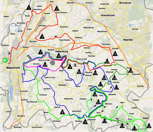 Début du parcours Debut du premier tour de circuit Fin du premier tour de circuit Deuxième tour de circuit Troisième tour de circuit Note:Valkenburg est le nom Néerlandais de Fauquemont. Les ascensions réalisées à plusieurs reprises ne sont indiquées qu'une seule fois