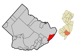 Location of Brigantine in Atlantic County highlighted in red (left). Inset map: Location of Atlantic County in New Jersey highlighted in orange (right).