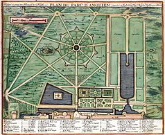 Plan of the Enghien Gardens. The star shape has been preserved, but not the pentagon around it.