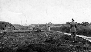 Des officiers allemands viennent observer le champ de bataille et quelques épaves de chars d'assaut anglais, près du village de Bourlon, en novembre 1917.