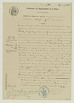 Papier jauni à en-tête de la préfecture du département de la Seine. Texte écrit à la plume. Présence de deux cachets officiels. Titre, extrait du registre des actes de naissance de 1865.