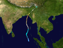 Tracking map of Cyclone BOB 01 using wind speeds from the Joint Typhoon Warning Center