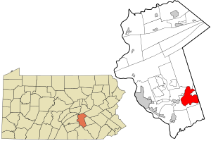Location of Hershey in Dauphin County (right) and of Dauphin County in Pennsylvania (left)