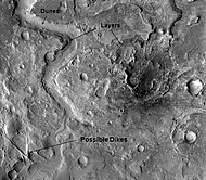 Huo Hsing Vallis in Syrtis Major, as seen by THEMIS. Straight ridges may be dikes in which liquid rock once flowed.
