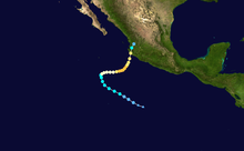 A map of the path of a hurricane over the Eastern Pacific Ocean. It begins by moving northwestward, parallel to the coast of Mexico; it eventually turns first to the east, and then north-northeastward to a landfall on the central Mexican coast.