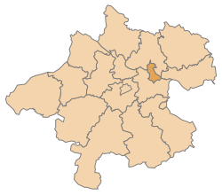 The city’s territory, highlighted on a map of Upper Austria, with the borders of the surrounding districts visible.