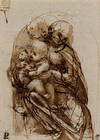 Drawing depicting a group formed by a woman carrying a child on her lap, holding a cat in her arms.