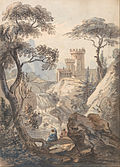 Italian Landscape with Castle, Cascade and Anglers