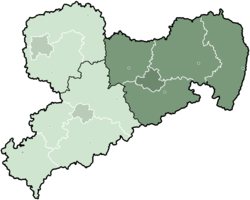Map of Saxony highlighting the former Direktionsbezirk of Dresden