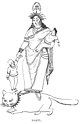 A sari-clad, crowned woman holding two children and standing on a cat