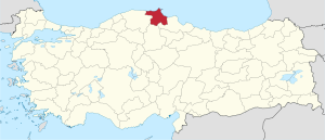 Sinop highlighted in red on a beige political map of Turkeym