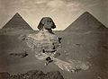 Image 14 Great Sphinx of Giza Photo: Maison Bonfils; Restoration: Lise Broer A late nineteenth century photo of the partially excavated Great Sphinx of Giza, with the Pyramid of Khafre (left) and the Great Pyramid of Giza (right) behind it. The Sphinx is the oldest known monumental sculpture, and is commonly believed to have been built by ancient Egyptians of the Old Kingdom in the reign of the pharaoh Khafra. More featured pictures