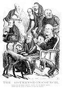 'The Governor-in-Council ' by Tom Carrington depicting the Governor of Victoria Sir George Bowen surrounded by monkeys representing the premier Graham Berry and his ministers (Melbourne Punch, 31 January 1878).