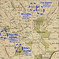 The four kibbutzes of the Gush Etzion at the time of the 1948 war (Kfar Etzion, Ein Zurim, Massuot Yitzhak, Revadim) overlaid on a 1943 Survey of Palestine map