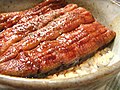 Bowl of rice topped with broiled eel, Japan