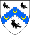 Arms of Watson, of Rockingham Castle: Argent, on a chevron engrailed azure between three martlets sable as many crescents or