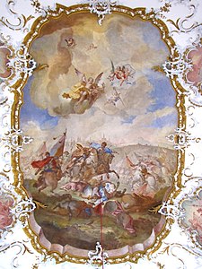 The Battle of Lechfeld, ceiling fresco by Balthasar Riepp, 1744, in the Seeg parish church