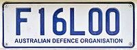 Registration plate with number F16LOO above the text Australian Defence Organisation