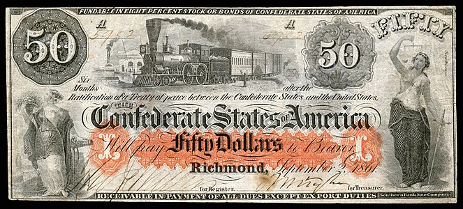 Fifty Confederate States dollar (T15), by the Southern Bank Note Company