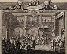 Gravure représentant un intérieur dans lequel se tient une assemblée de gens habillés à la mode du siècle.