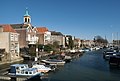 Dordrecht, view to the Wijnhaven from the bridge (de Nieuwbrug) churchtower left (de Bonifatiuskerk)