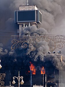 Burning of the Euromaidan headquarters, close-up at 2014 Ukrainian revolution, by Amakuha