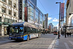 A northbound trolley bus on the Granville Mall