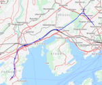 Proposed route of the Fornebu Line (blue)