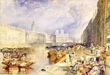 Watercolour painting of Nantes, with large buildings and many small boats