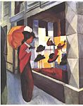 August Macke: Hutladen / Kvinna med parasoll framför en hattbutik (1914). Beslagtagen på Museum Folkwang 25 augusti 1937. Köpt av Karl Buchholz ur Schloss Schönhausens värdedepå för 80 dollar och förd till New York. Där köptes den 1951 av en samlare från Düsseldorf som två år senare skänkte målningen tillbaka till det ursprungliga museet i Essen.