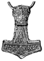 Drawing of a 4.6 cm gold-plated silver Mjölnir pendant found at Bredsätra on Öland, Sweden