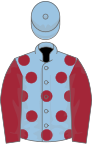 Light blue, maroon spots and sleeves, light blue cap