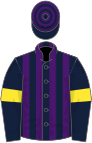 Dark blue and purple stripes, dark blue sleeves, yellow armlets, dark blue and purple hooped cap