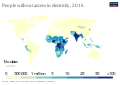 Map of people with access to energy. Lack of access is most pronounced in India, Sub-Saharan Africa and South-East Asia.