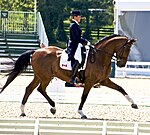 Le cheval de sport canadien Pikardi et sa cavalière Bonny Bonnello à la Kentucky Cup de 2010.