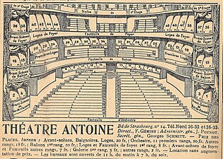 Plan du théâtre Antoine en 1925 avec prix des places et administration.