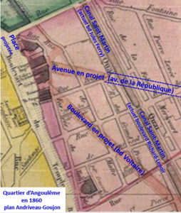 Le quartier en 1860 avec les projets de percements de nouvelles voies.