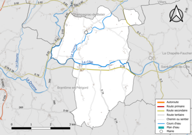 Carte en couleur présentant le réseau hydrographique de la commune