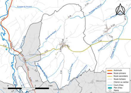 Carte en couleur présentant le réseau hydrographique de la commune