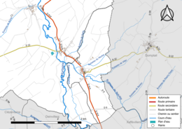 Carte en couleur présentant le réseau hydrographique de la commune