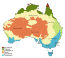 Climate zones in Australia with deserts in orange and semi-deserts in yellow