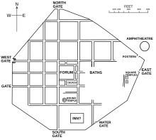 The near-true on north-south, grid pattern enclosed by walls of the city, showing a central forum next to baths and an external building: the amphitheatre and even a possible inn.