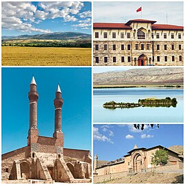From top: District of Suşehri, Sivas Governorship Building, Double Minaret Madrasah, Lake Tödürge, Divriği Great Mosque and Hospital