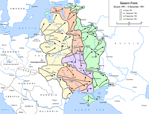 Color-coded map of the Eastern Front, with troop-movement arrows