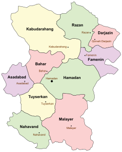 Location of Hamadan County in Hamadan province (center, green)