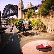 Sydney Harbour Bridge from The Rocks. The bridge is visible from most areas of the district.